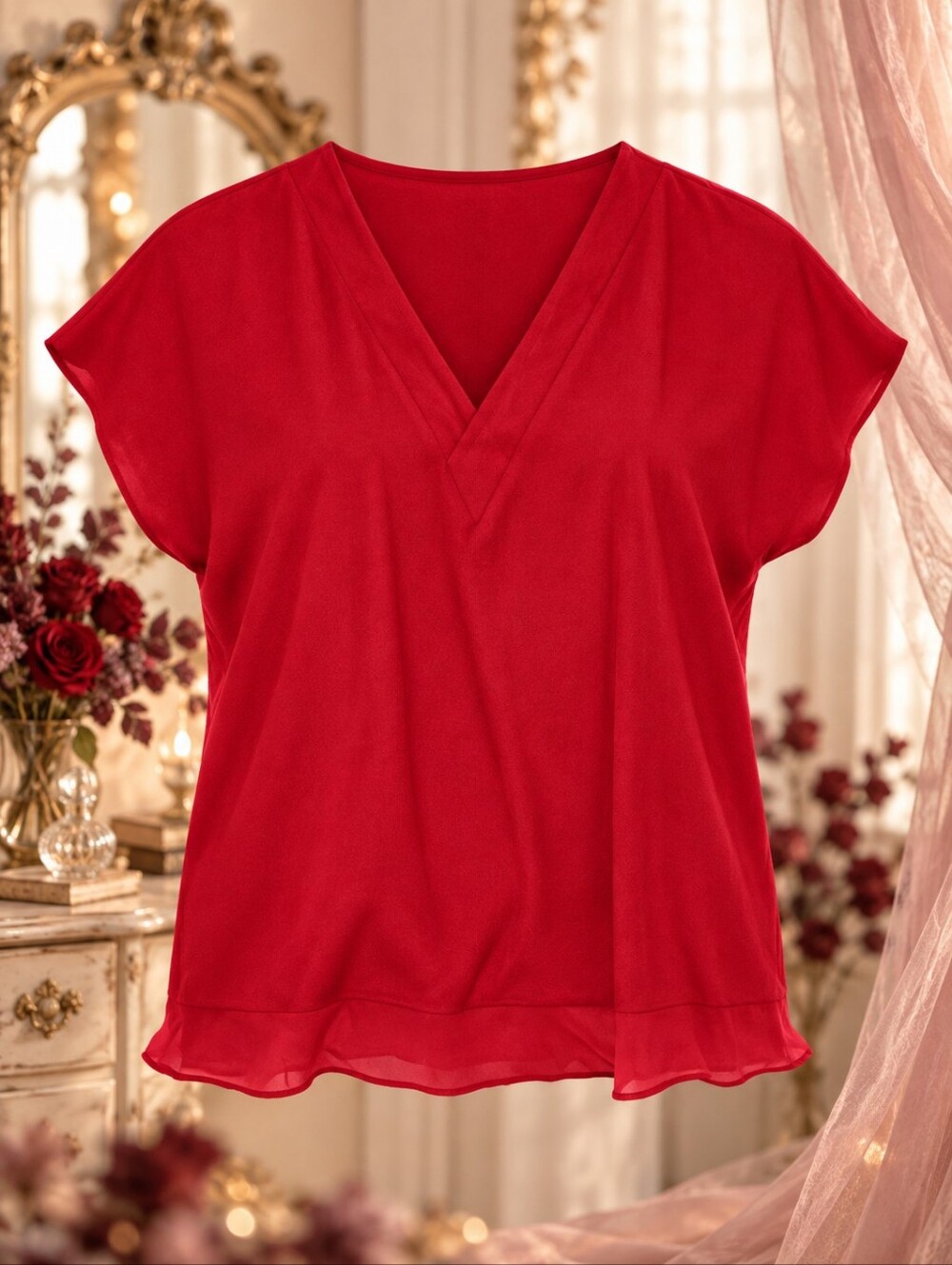 DKNY Red V-Neck Lightweight Blouse Top Sheer Hem Short Sleeve Size Medium